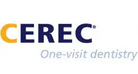 The image displays a logo with text reading CEREC followed by a tagline underneath stating one-visit dentistry, suggesting that CEREC is associated with a dental service that offers quicker treatment options.